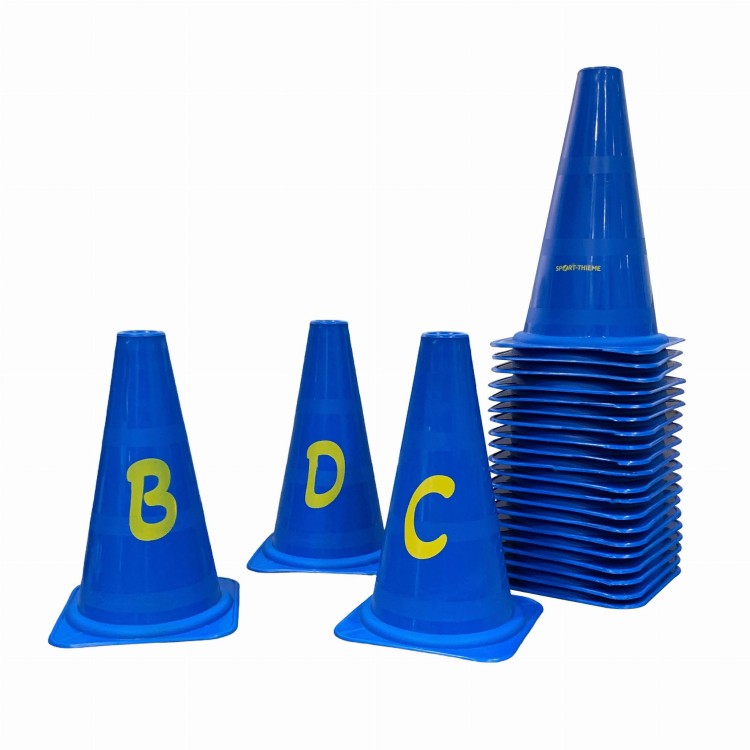 port-Thieme “Signs” Marking Cones – trwałe pachołki PE 14×14×23 cm, niebiesko-żółte, z nadrukami 0–10 lub A–Z do treningu i gier edukacyjnych. 1.jpeg