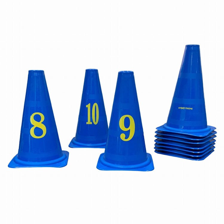 port-Thieme “Signs” Marking Cones – trwałe pachołki PE 14×14×23 cm, niebiesko-żółte, z nadrukami 0–10 lub A–Z do treningu i gier edukacyjnych. 2.jpeg