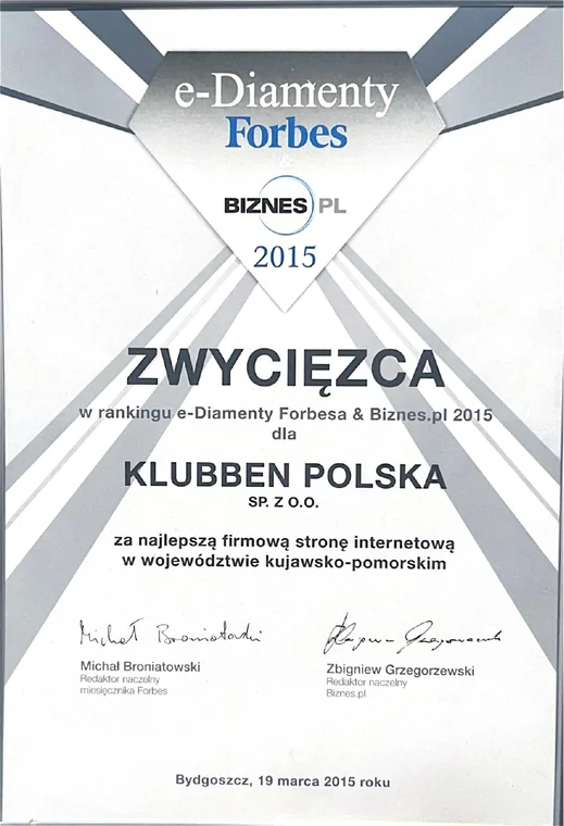 Dyplom e-Diamenty Forbes i Biznes.pl 2015 dla Klubben Polska
