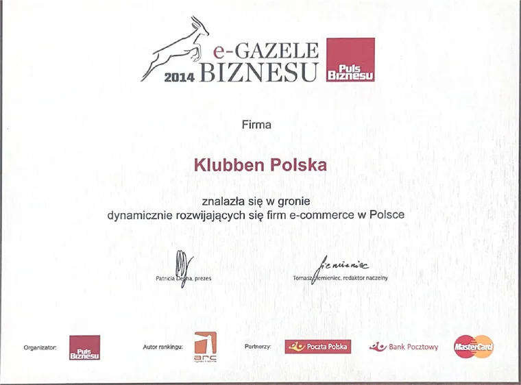 Dyplom e-Gazele Biznesu 2015 Pulsu Biznesu dla Klubben Polska