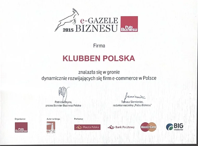 Dyplom e-Gazele Biznesu 2015 Pulsu Biznesu dla Klubben Polska