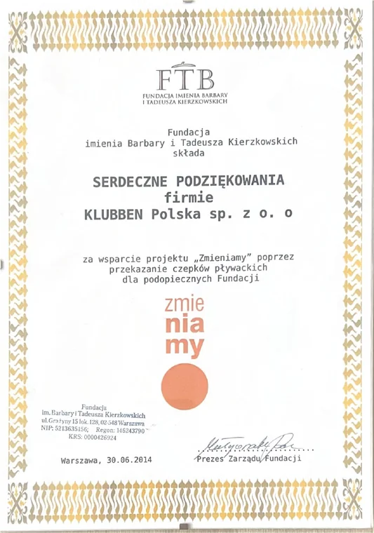 Podziękowanie Fundacji imienia Barbary i Tadeusza Kierzkowskich za wsparcie projektu Zmieniamy