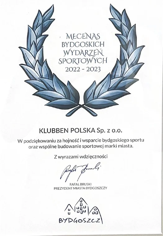 Dyplom Mecenas Bydgoskich Wydarzeń Sportowych 2022–2023 dla Klubben Polska