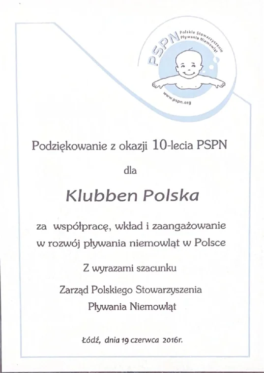 Podziękowanie Polskiego Stowarzyszenia Pływania Niemowląt dla Klubben Polska